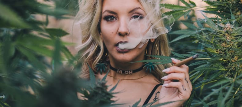 Девушка курит в зарослях конопли
